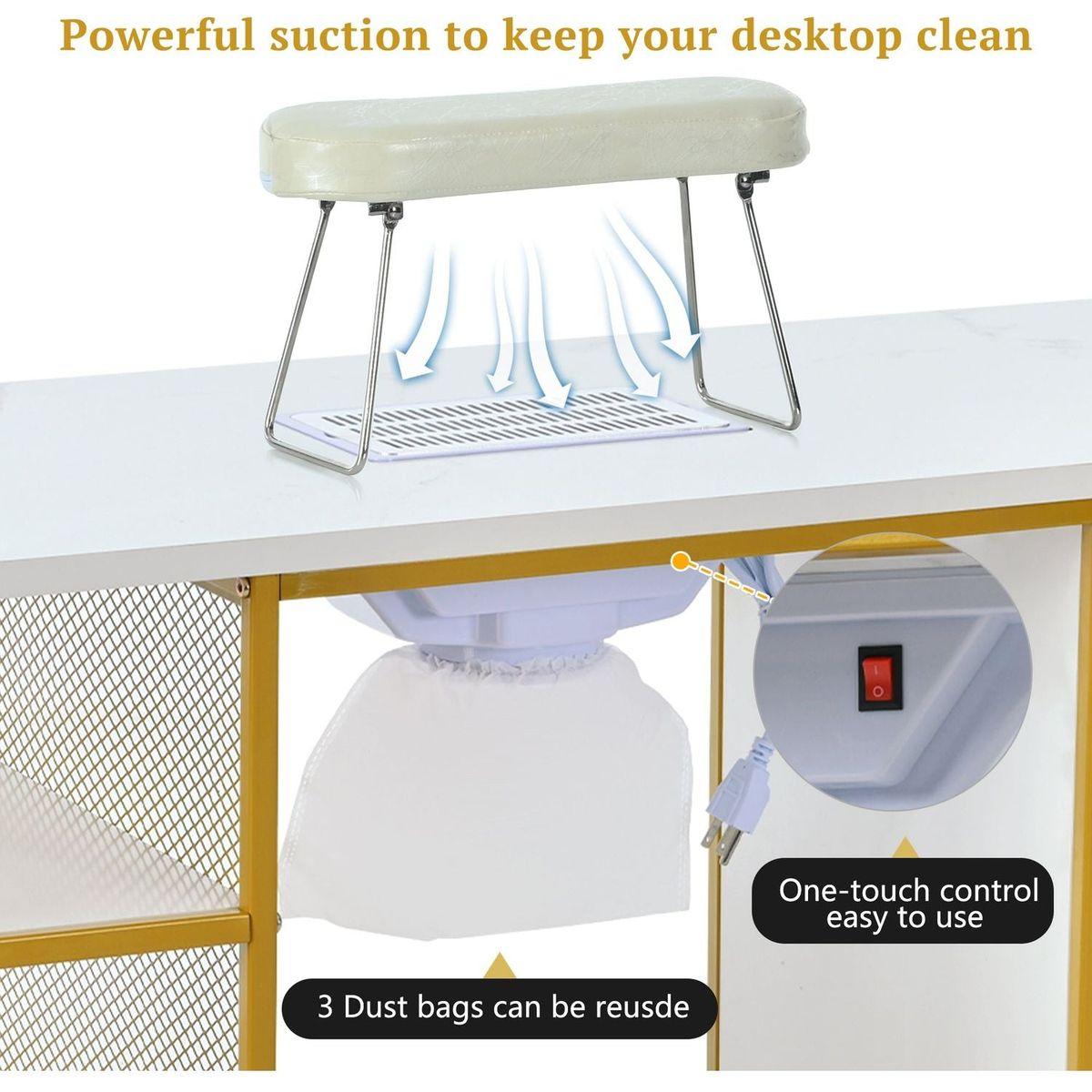 Manicure Table, Marbling Texture Nail Table with Electric Downdraft Vent,Wrist Cushion, Lockable Wheels, Storage layers & cabinet,White