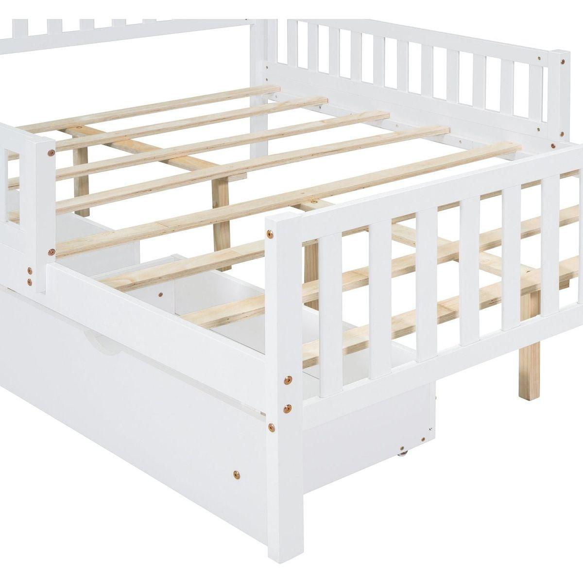 Full Size Wood Platform Bed with Guardrails on Both Sides and Two Storage Drawers, White