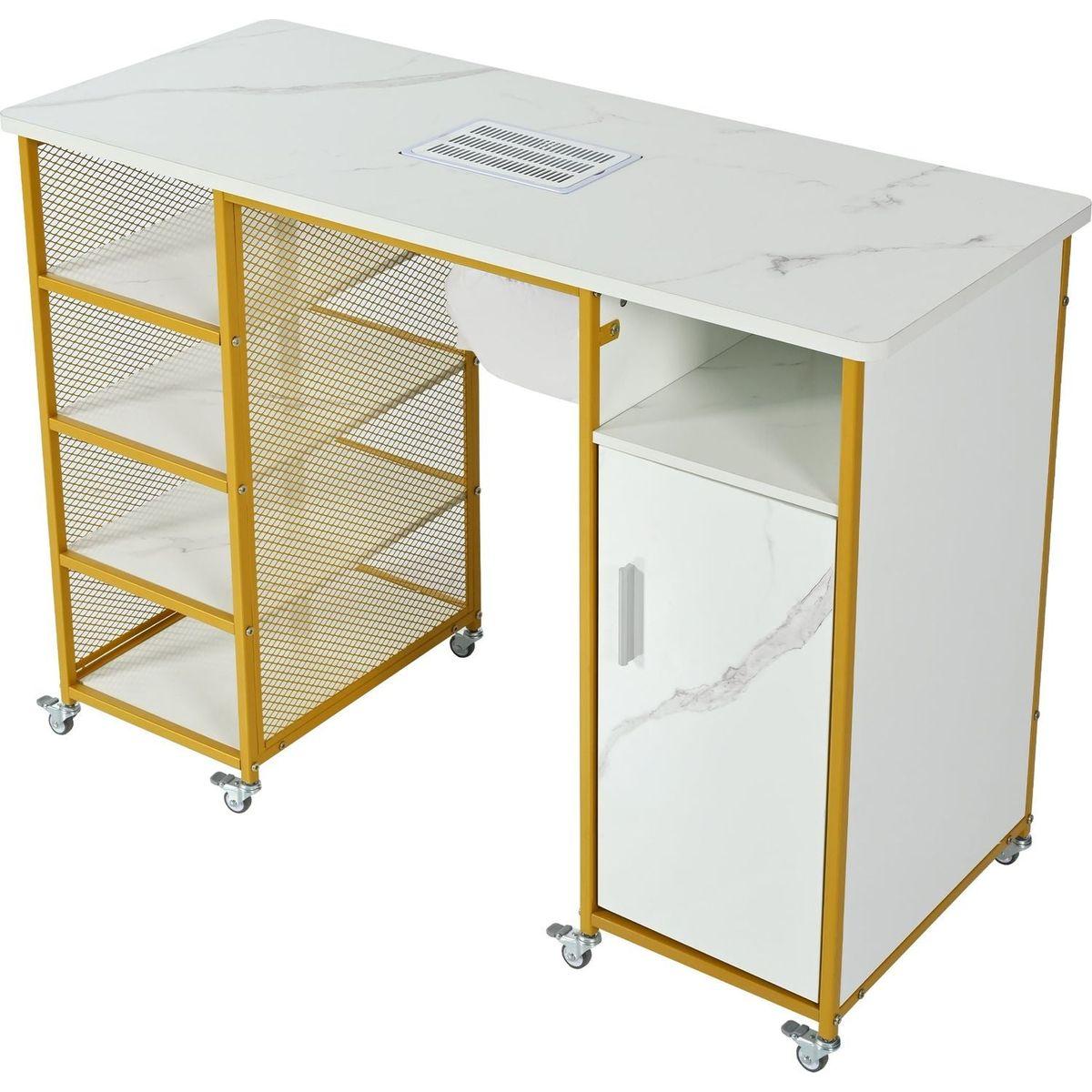 Manicure Table, Marbling Texture Nail Table with Electric Downdraft Vent,Wrist Cushion, Lockable Wheels, Storage layers & cabinet,White