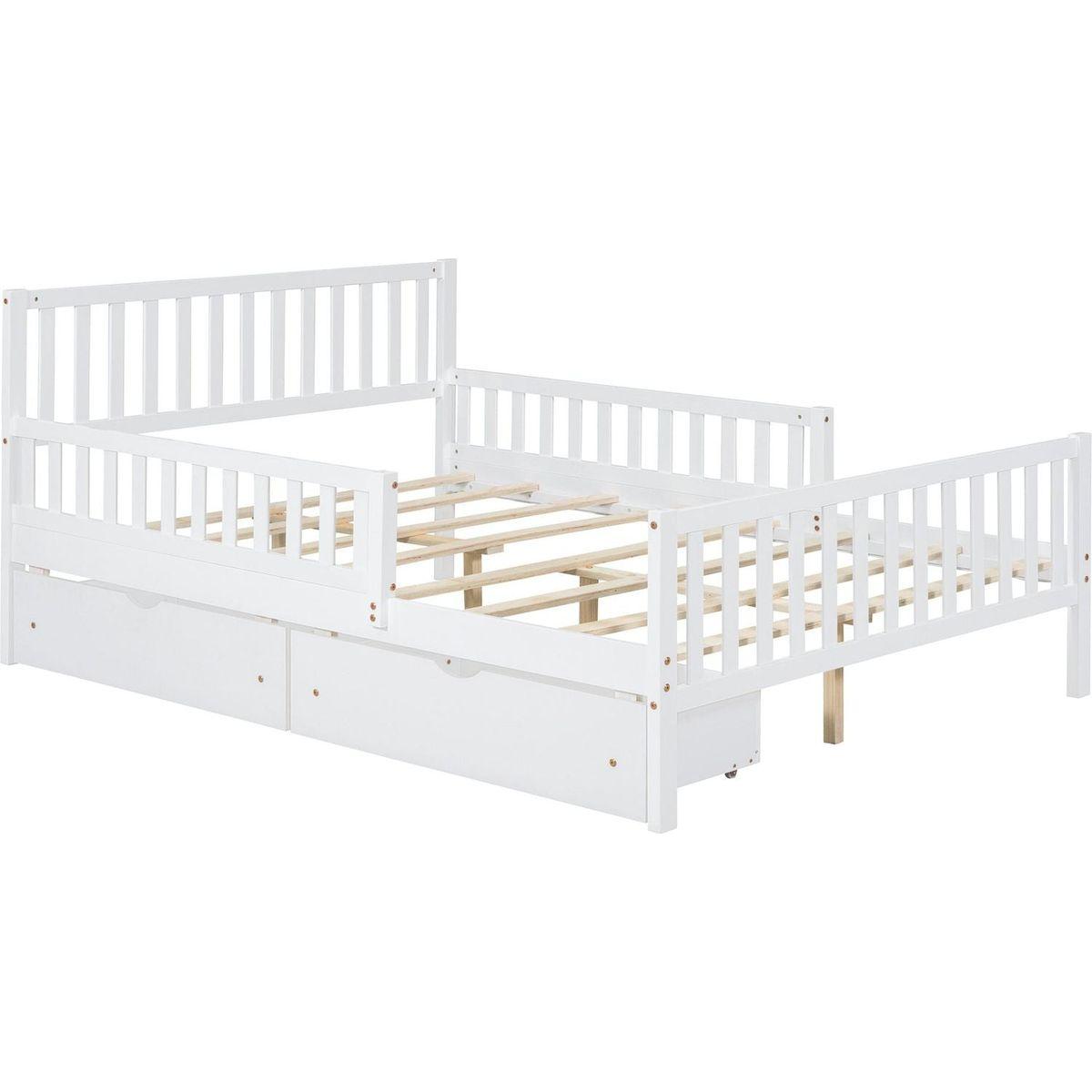 Full Size Wood Platform Bed with Guardrails on Both Sides and Two Storage Drawers, White