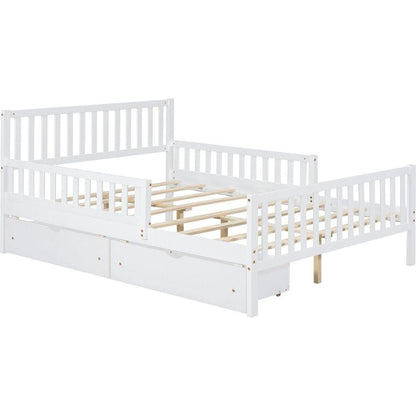Full Size Wood Platform Bed with Guardrails on Both Sides and Two Storage Drawers, White