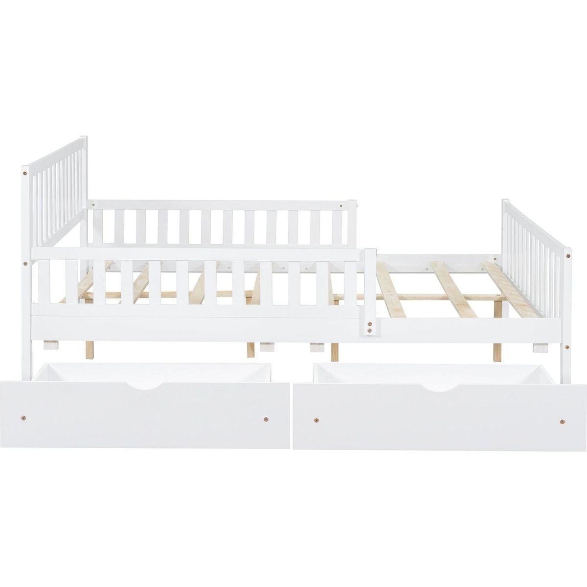 Full Size Wood Platform Bed with Guardrails on Both Sides and Two Storage Drawers, White