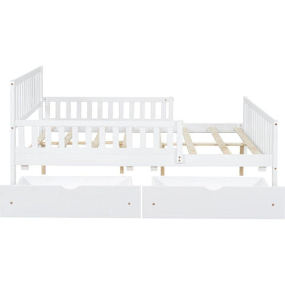Full Size Wood Platform Bed with Guardrails on Both Sides and Two Storage Drawers, White