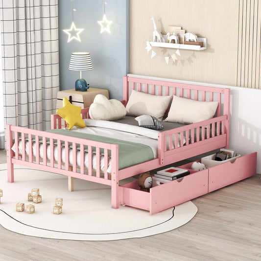 Full Size Wood Platform Bed with Guardrails on Both Sides and Two Storage Drawers, Pink
