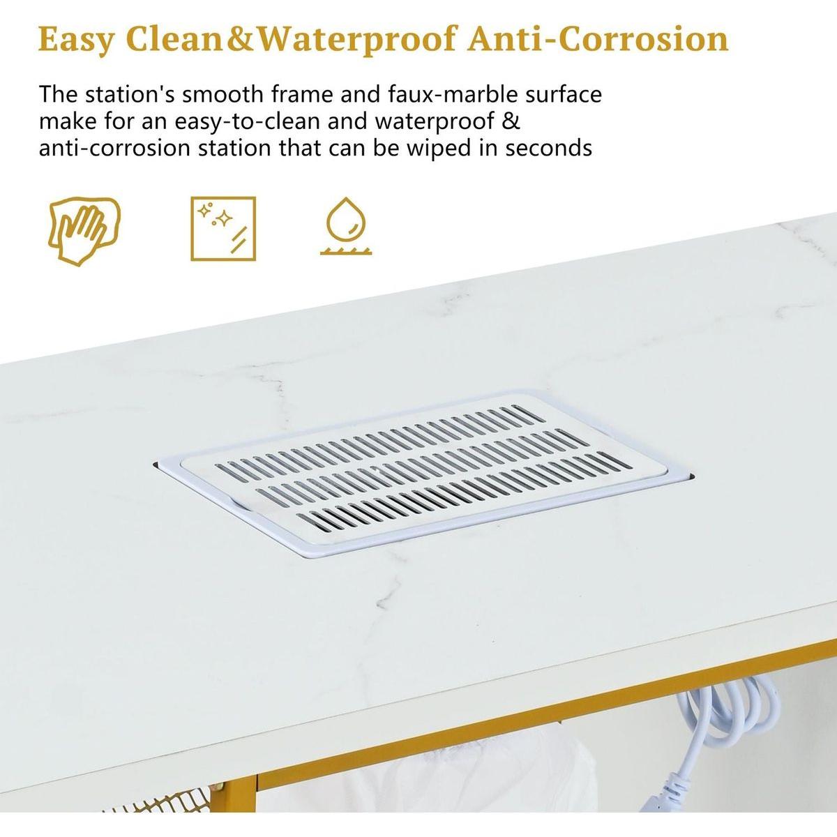 Manicure Table, Marbling Texture Nail Table with Electric Downdraft Vent,Wrist Cushion, Lockable Wheels, Storage layers & cabinet,White