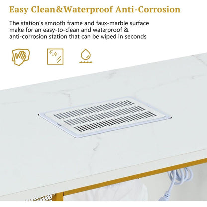 Manicure Table, Marbling Texture Nail Table with Electric Downdraft Vent,Wrist Cushion, Lockable Wheels, Storage layers & cabinet,White