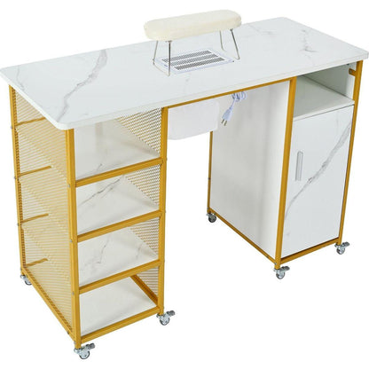 Manicure Table, Marbling Texture Nail Table with Electric Downdraft Vent,Wrist Cushion, Lockable Wheels, Storage layers & cabinet,White