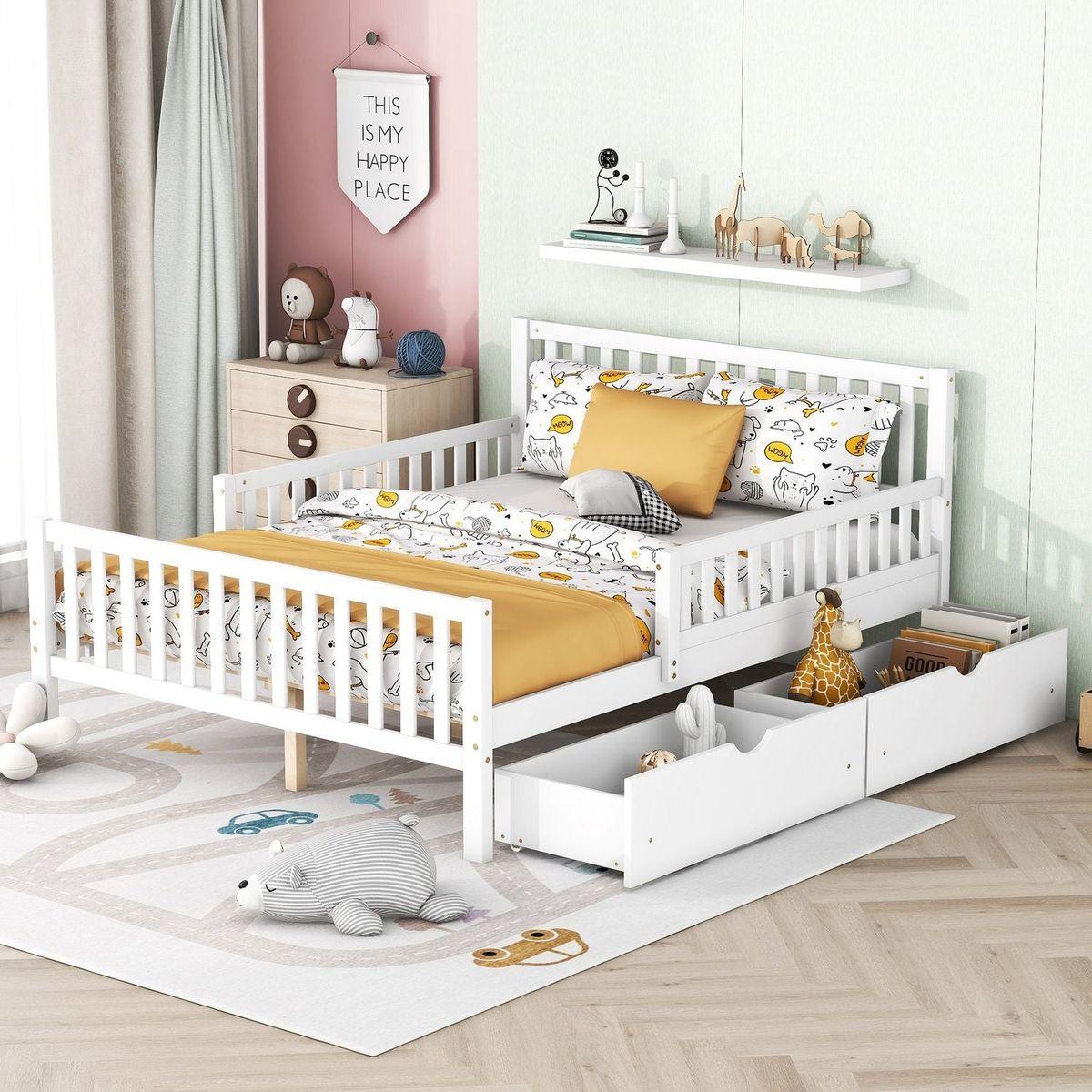 Full Size Wood Platform Bed with Guardrails on Both Sides and Two Storage Drawers, White