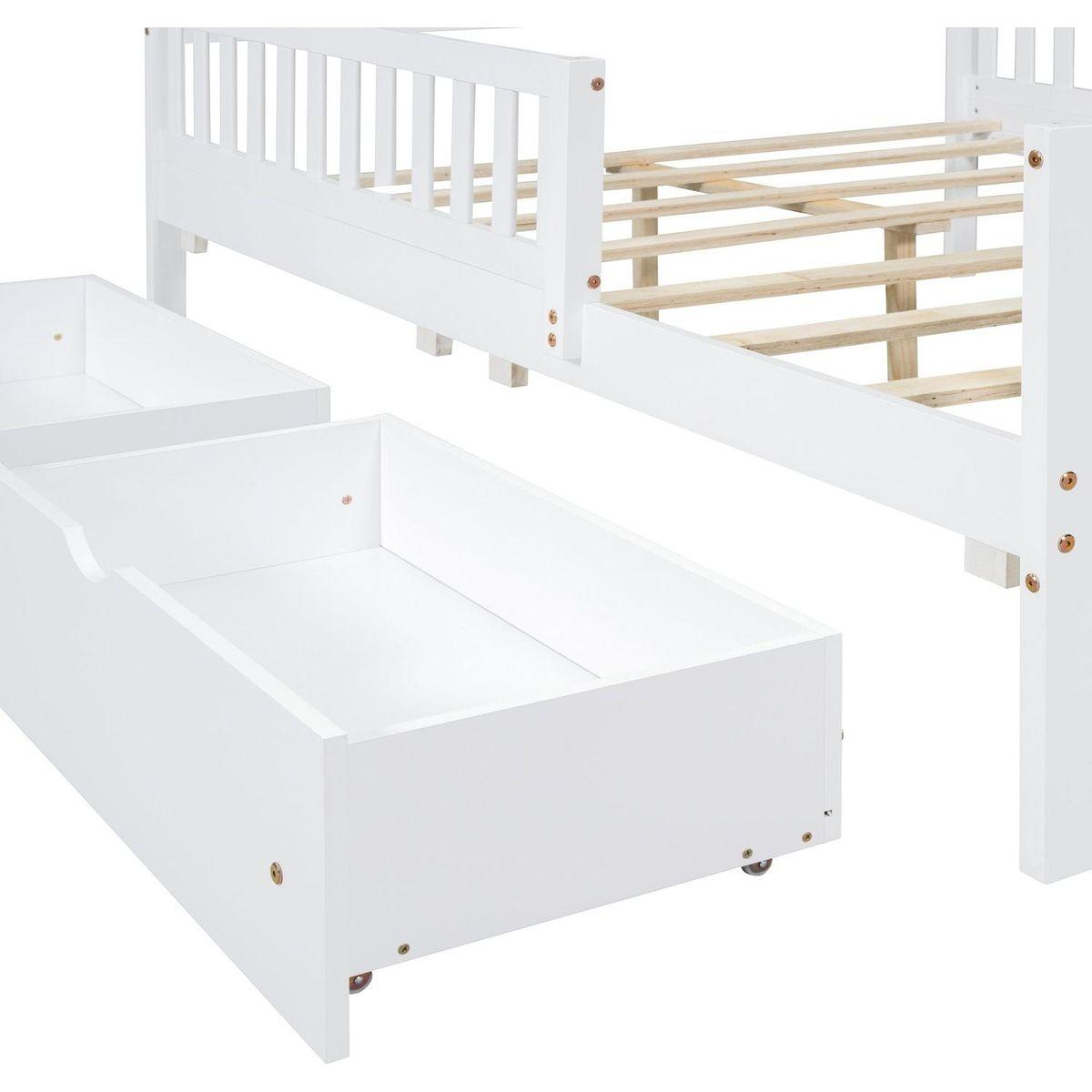 Full Size Wood Platform Bed with Guardrails on Both Sides and Two Storage Drawers, White