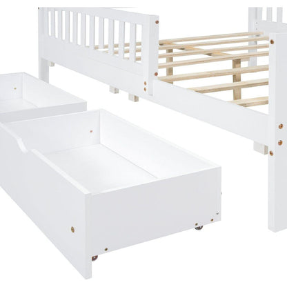 Full Size Wood Platform Bed with Guardrails on Both Sides and Two Storage Drawers, White