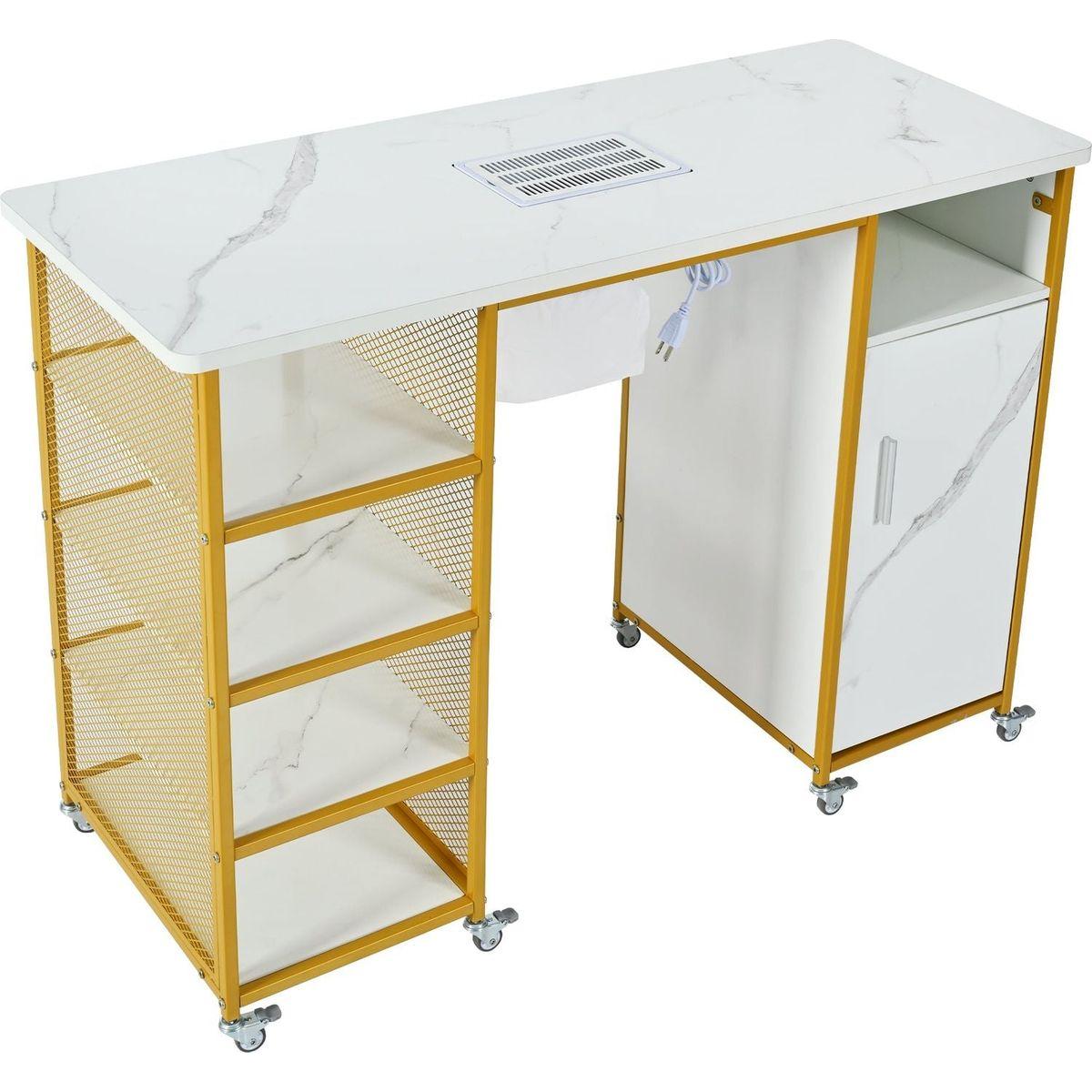 Manicure Table, Marbling Texture Nail Table with Electric Downdraft Vent,Wrist Cushion, Lockable Wheels, Storage layers & cabinet,White