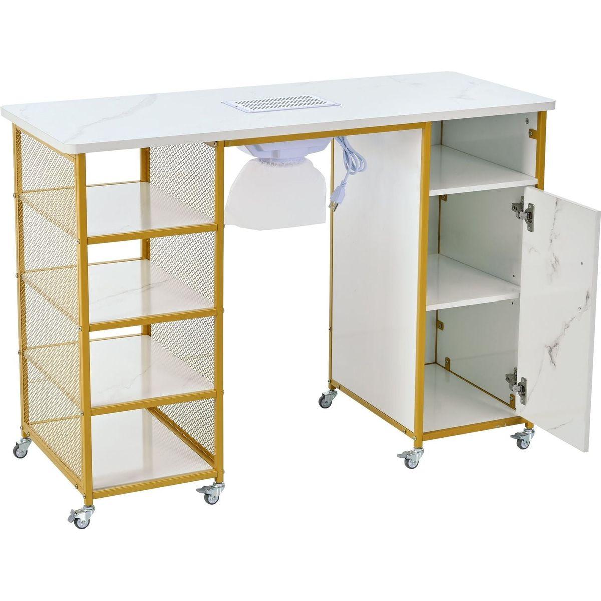 Manicure Table, Marbling Texture Nail Table with Electric Downdraft Vent,Wrist Cushion, Lockable Wheels, Storage layers & cabinet,White