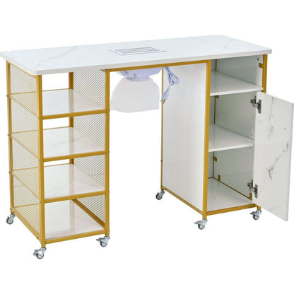 Manicure Table, Marbling Texture Nail Table with Electric Downdraft Vent,Wrist Cushion, Lockable Wheels, Storage layers & cabinet,White