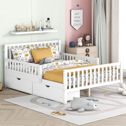 Full Size Wood Platform Bed with Guardrails on Both Sides and Two Storage Drawers, White