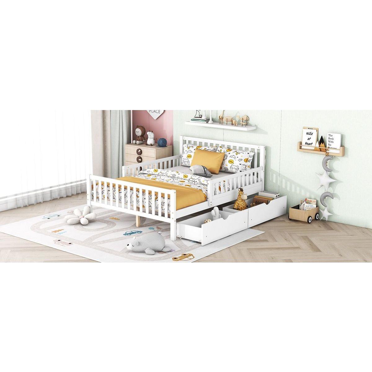 Full Size Wood Platform Bed with Guardrails on Both Sides and Two Storage Drawers, White