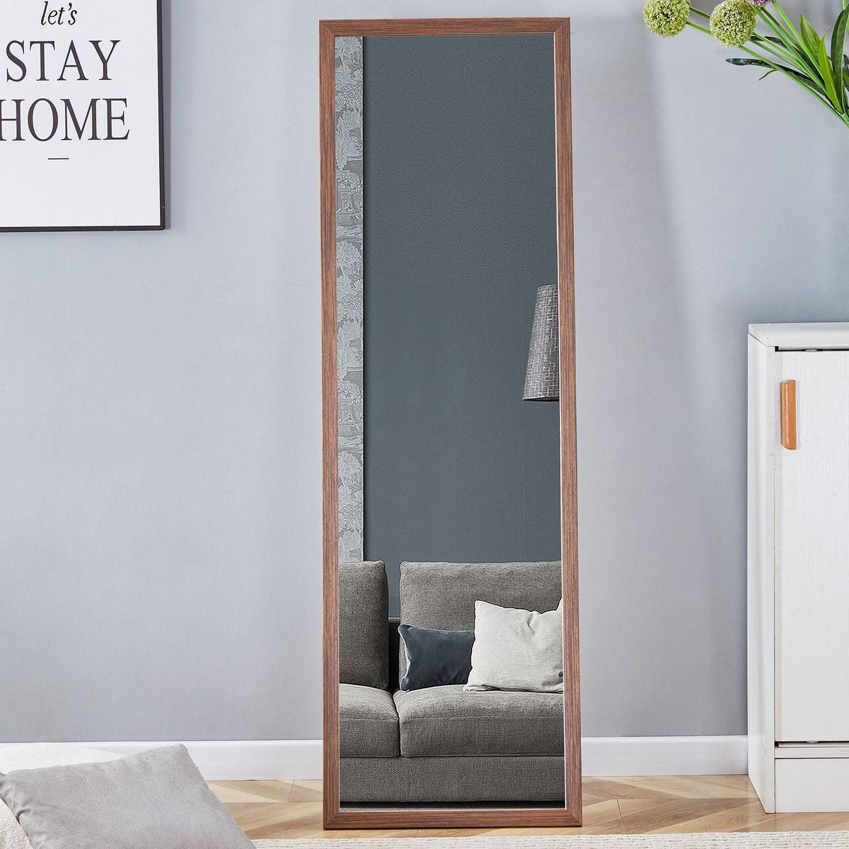 Third generation packaging upgrade, thickened border, brown wood grain solid wood frame full length mirror, dressing mirror, bedroom entrance, decorative mirror, and floor standing mirror. 57.9"x18.1"