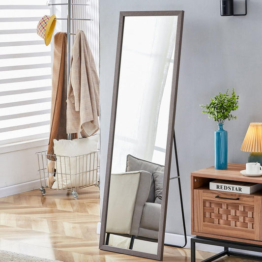 Third generation packaging upgrade, thickened frame, gray wood grain solid wood frame full-length mirror, dressing mirror, bedroom entrance, decorative mirror, floor standing mirror. 57.9 "x 18.1"