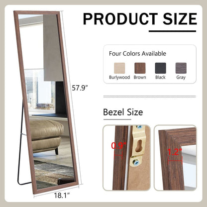 Third generation packaging upgrade, thickened border, brown wood grain solid wood frame full length mirror, dressing mirror, bedroom entrance, decorative mirror, and floor standing mirror. 57.9"x18.1"