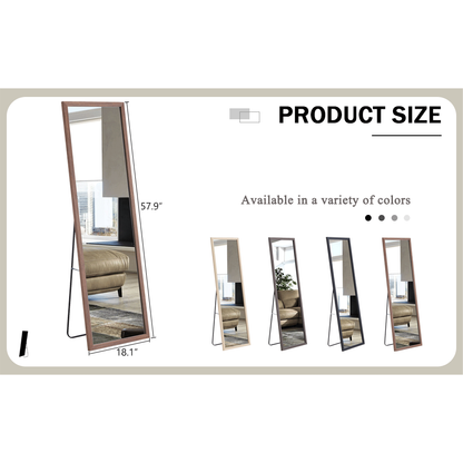 Third generation packaging upgrade, thickened border, brown wood grain solid wood frame full length mirror, dressing mirror, bedroom entrance, decorative mirror, and floor standing mirror. 57.9"x18.1"