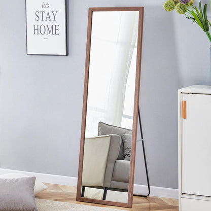 Third generation packaging upgrade, thickened border, brown wood grain solid wood frame full length mirror, dressing mirror, bedroom entrance, decorative mirror, and floor standing mirror. 57.9"x18.1"