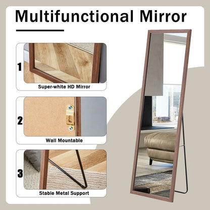 Third generation packaging upgrade, thickened border, brown wood grain solid wood frame full length mirror, dressing mirror, bedroom entrance, decorative mirror, and floor standing mirror. 57.9"x18.1"