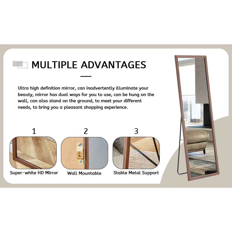 Third generation packaging upgrade, thickened border, brown wood grain solid wood frame full length mirror, dressing mirror, bedroom entrance, decorative mirror, and floor standing mirror. 57.9"x18.1"