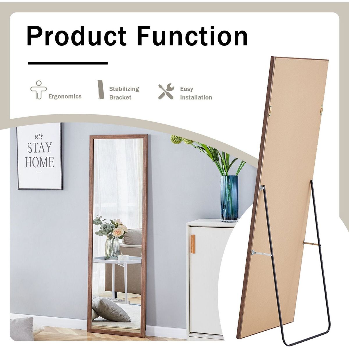 Third generation packaging upgrade, thickened border, brown wood grain solid wood frame full length mirror, dressing mirror, bedroom entrance, decorative mirror, and floor standing mirror. 57.9"x18.1"