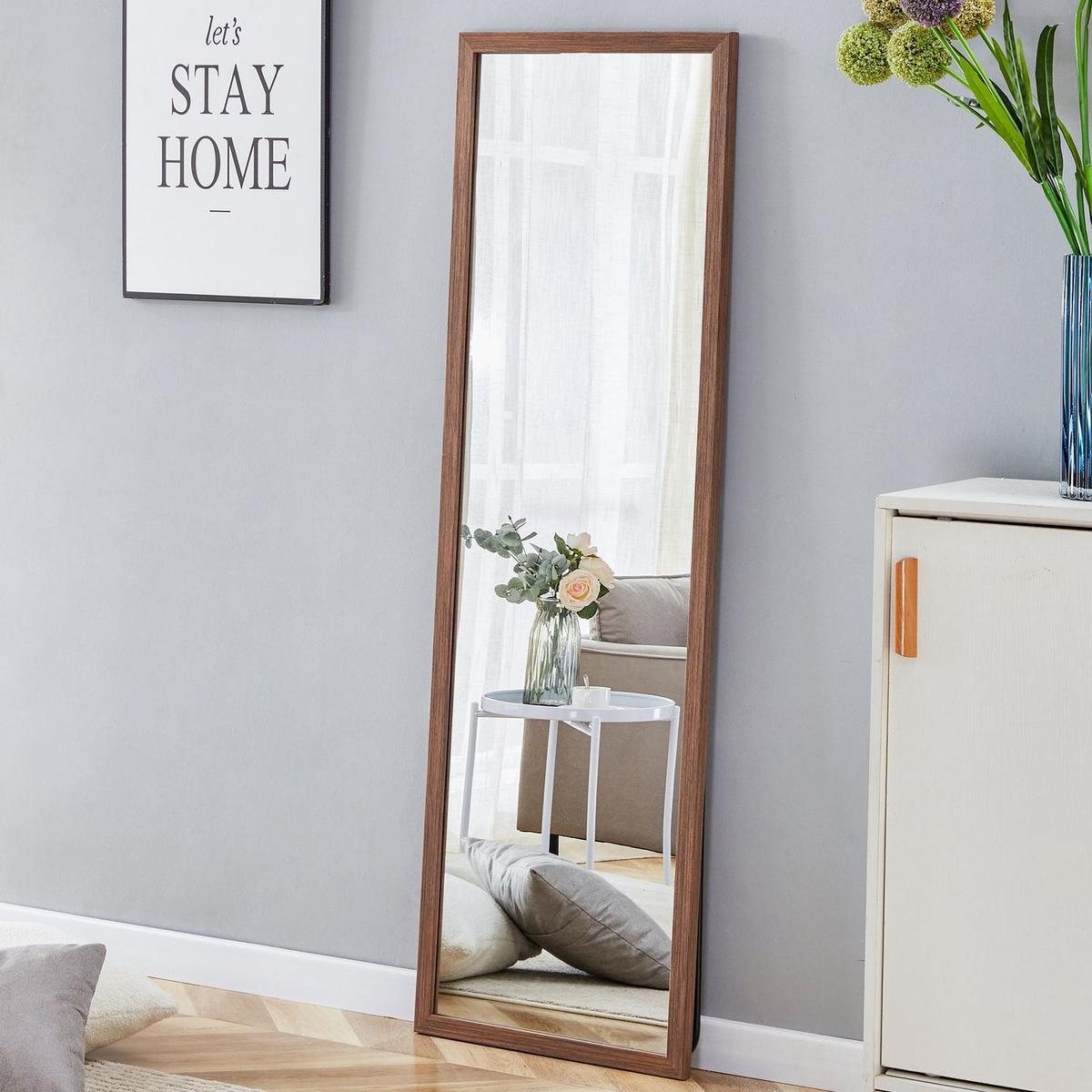 Third generation packaging upgrade, thickened border, brown wood grain solid wood frame full length mirror, dressing mirror, bedroom entrance, decorative mirror, and floor standing mirror. 57.9"x18.1"