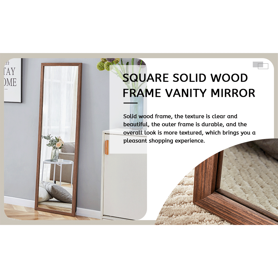 Third generation packaging upgrade, thickened border, brown wood grain solid wood frame full length mirror, dressing mirror, bedroom entrance, decorative mirror, and floor standing mirror. 57.9"x18.1"