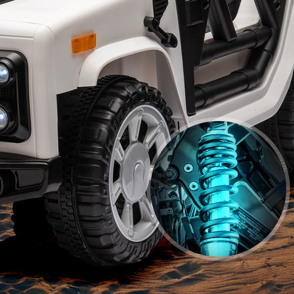 12v7a 30wx2 Four-wheel drive leather seat one button start,forward and backward, high and low speed, music, front light, power display, two doors can open, 2.4G R/C, seat belt four wheel absorber