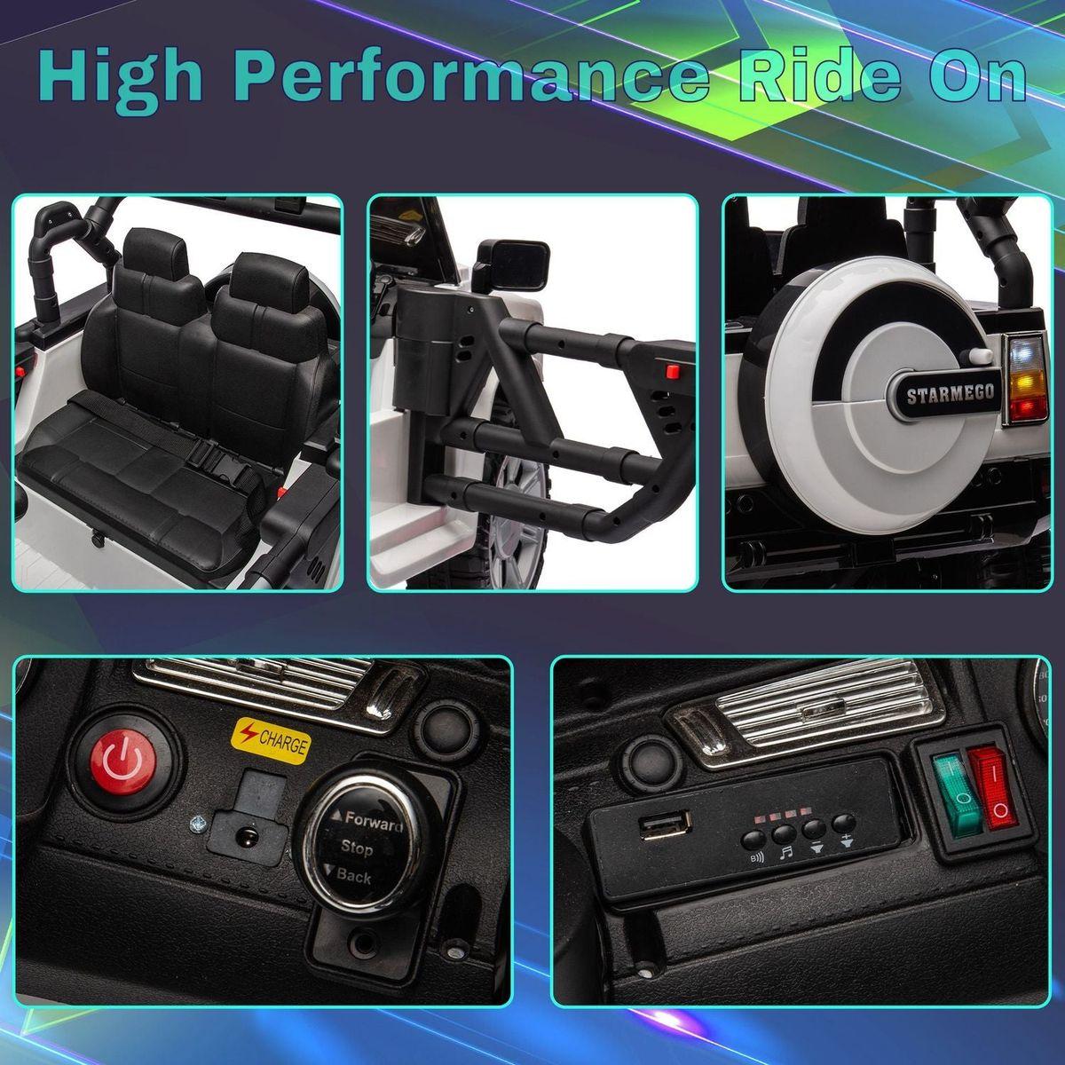 12v7a 30wx2 Four-wheel drive leather seat one button start,forward and backward, high and low speed, music, front light, power display, two doors can open, 2.4G R/C, seat belt four wheel absorber