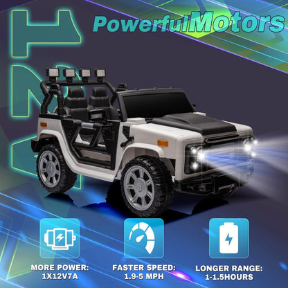 12v7a 30wx2 Four-wheel drive leather seat one button start,forward and backward, high and low speed, music, front light, power display, two doors can open, 2.4G R/C, seat belt four wheel absorber