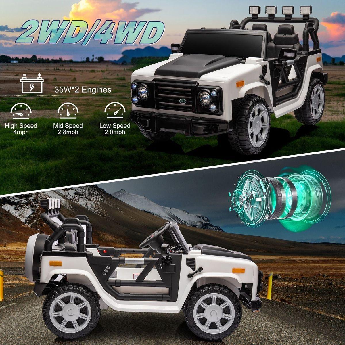 12v7a 30wx2 Four-wheel drive leather seat one button start,forward and backward, high and low speed, music, front light, power display, two doors can open, 2.4G R/C, seat belt four wheel absorber