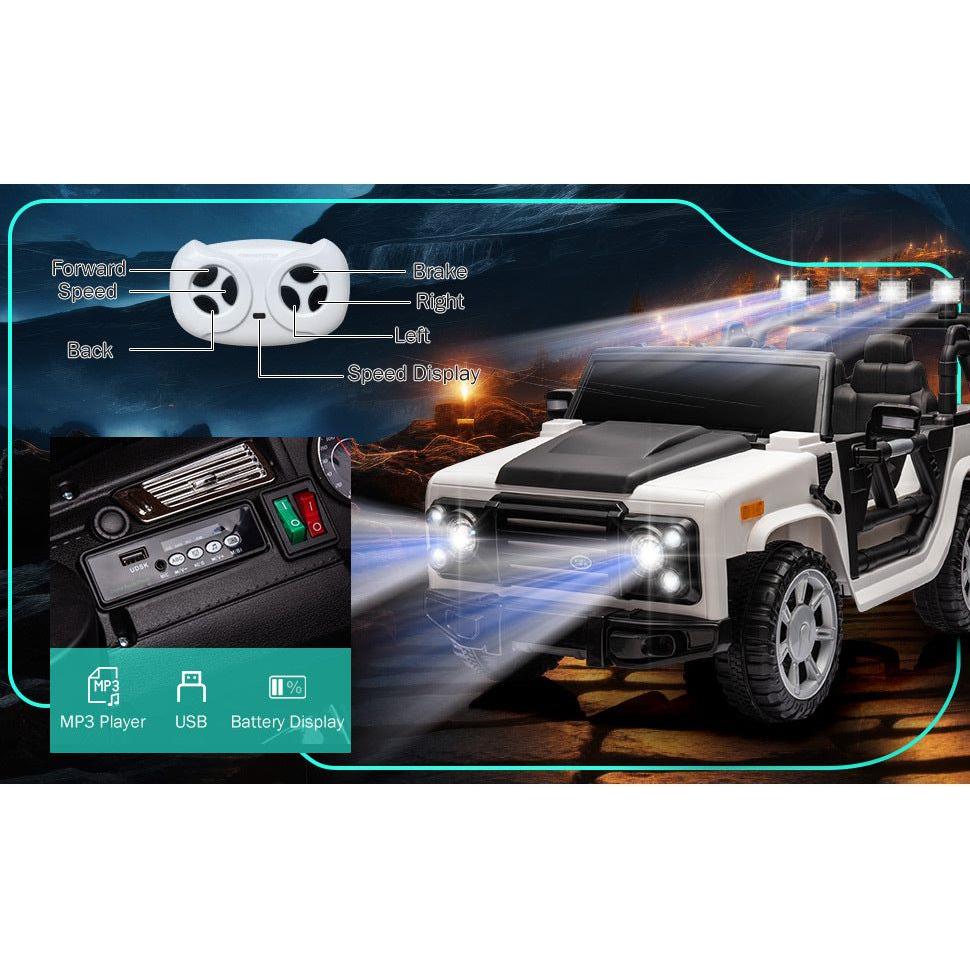 12v7a 30wx2 Four-wheel drive leather seat one button start,forward and backward, high and low speed, music, front light, power display, two doors can open, 2.4G R/C, seat belt four wheel absorber