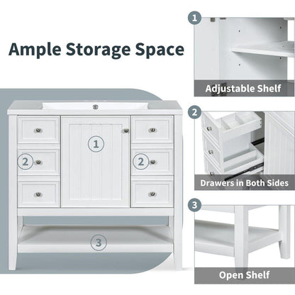 36" Bathroom Vanity without Sink, Cabinet Base Only, One Cabinet and three Drawers, White