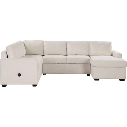 Sectional Sleeper Sofa with Pull-out Bed and Lounge Chair, USB and Type-C Interfaces, Suitable for Living Room, Office, and Spacious Spaces