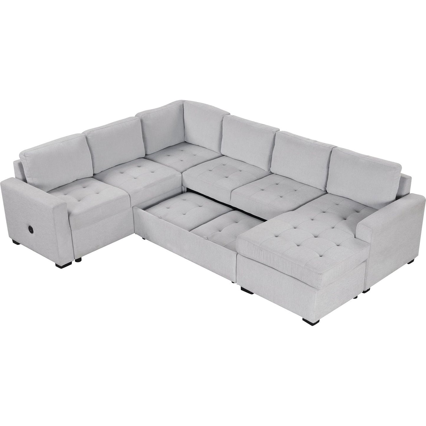 Sectional Sleeper Sofa with Pull-out Bed and Lounge Chair, USB and Type-C Interfaces, Suitable for Living Room, Office, and Spacious Spaces