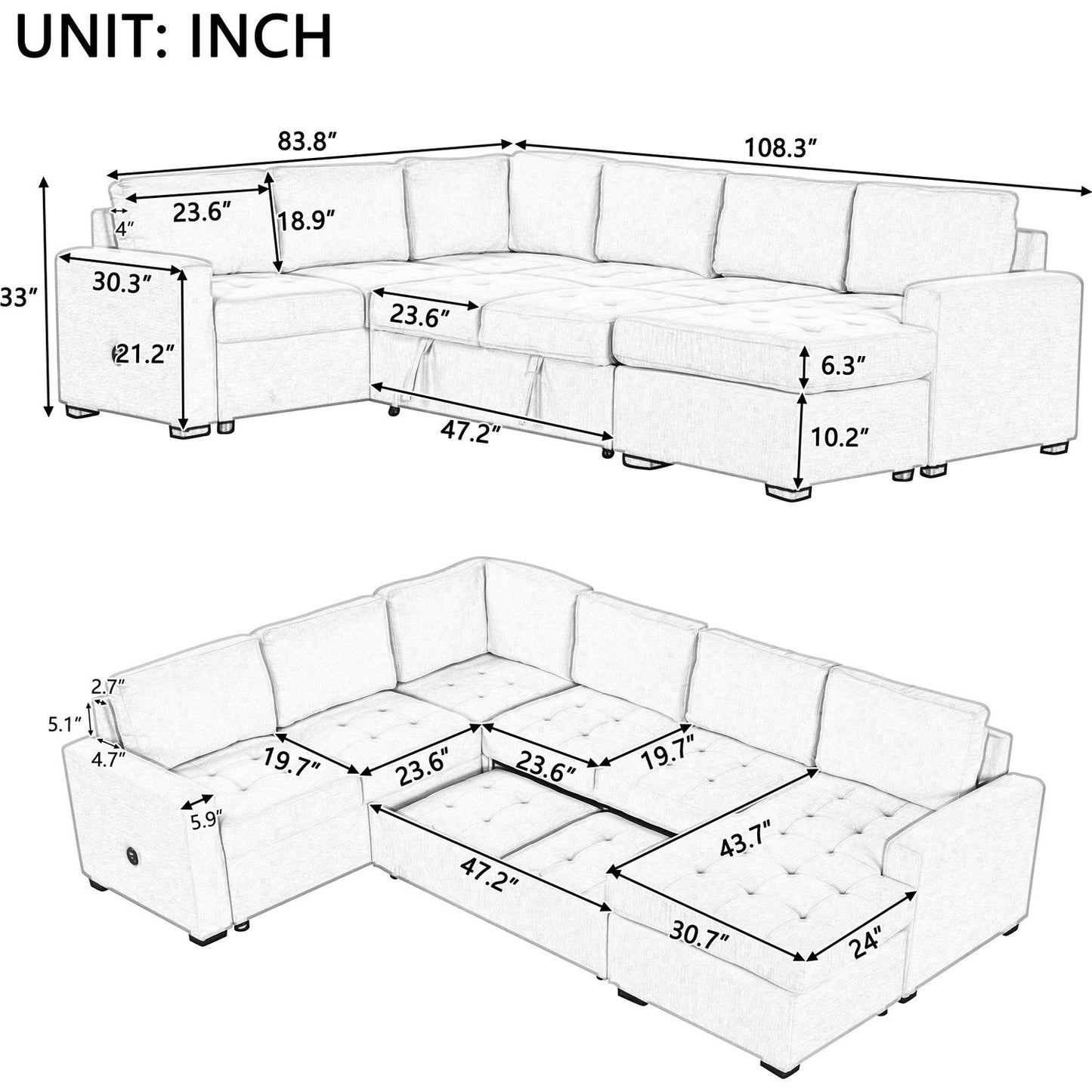 Sectional Sleeper Sofa with Pull-out Bed and Lounge Chair, USB and Type-C Interfaces, Suitable for Living Room, Office, and Spacious Spaces