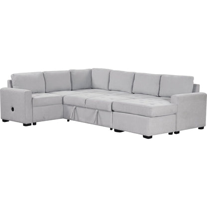 Sectional Sleeper Sofa with Pull-out Bed and Lounge Chair, USB and Type-C Interfaces, Suitable for Living Room, Office, and Spacious Spaces