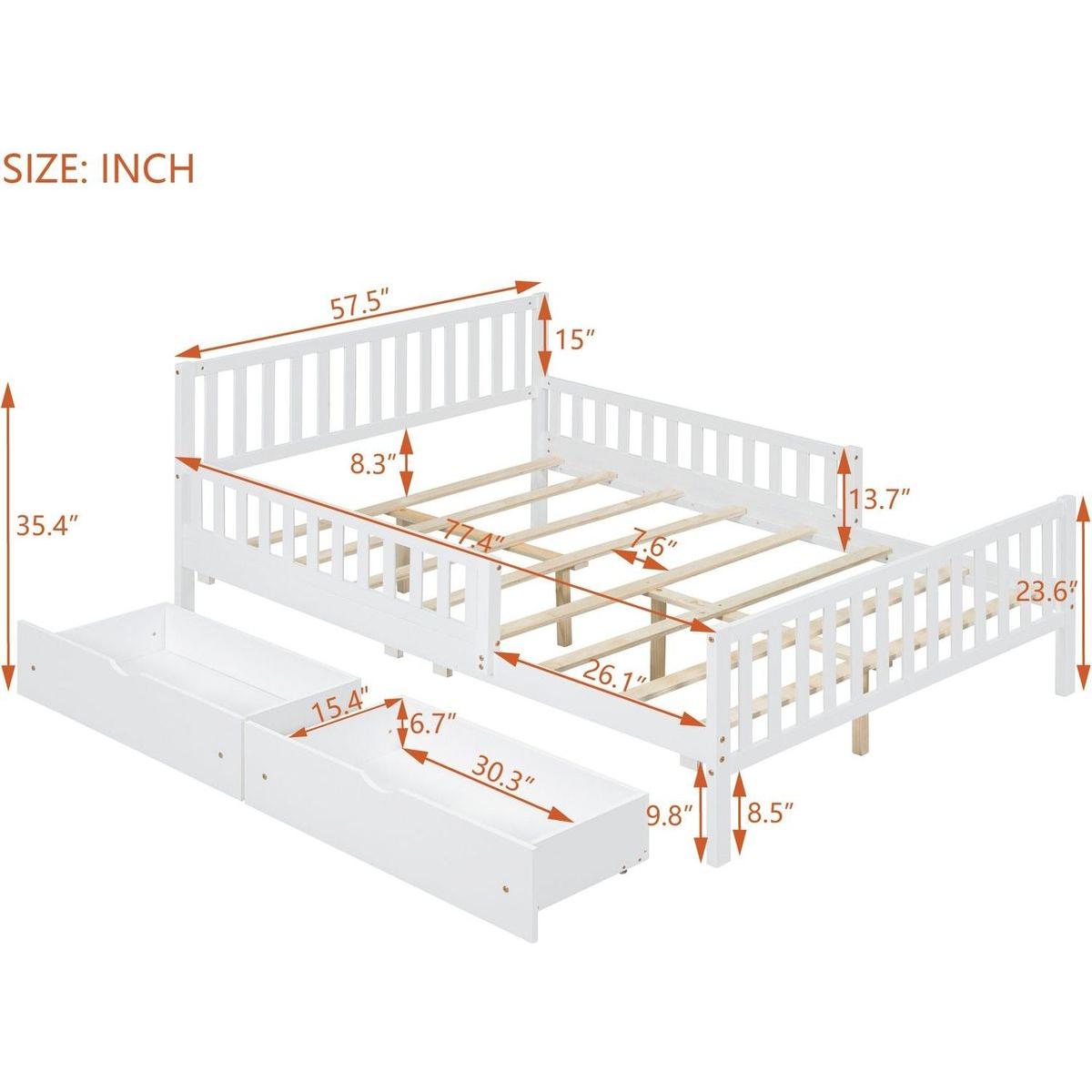 Full Size Wood Platform Bed with Guardrails on Both Sides and Two Storage Drawers, White