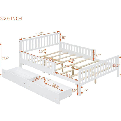 Full Size Wood Platform Bed with Guardrails on Both Sides and Two Storage Drawers, White