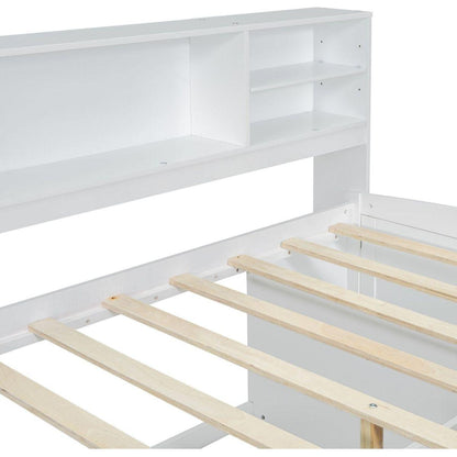 Full Size Wood Daybed with 2 Bedside Cabinets, Upper Shelves and 4 Drawers, White