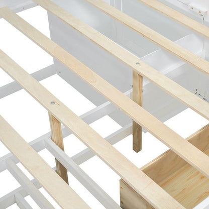 Full Size Wood Daybed with 2 Bedside Cabinets, Upper Shelves and 4 Drawers, White