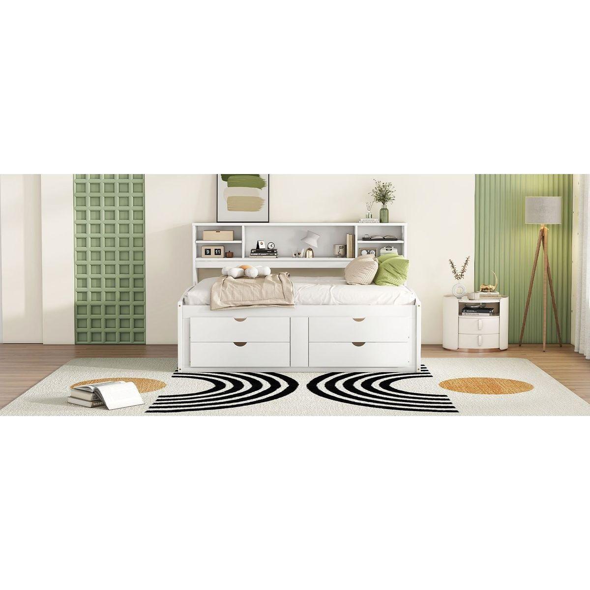 Full Size Wood Daybed with 2 Bedside Cabinets, Upper Shelves and 4 Drawers, White