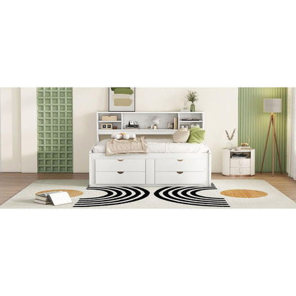 Full Size Wood Daybed with 2 Bedside Cabinets, Upper Shelves and 4 Drawers, White
