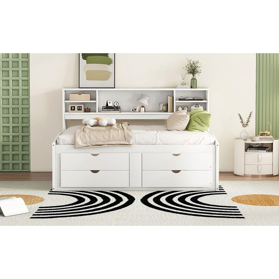 Full Size Wood Daybed with 2 Bedside Cabinets, Upper Shelves and 4 Drawers, White