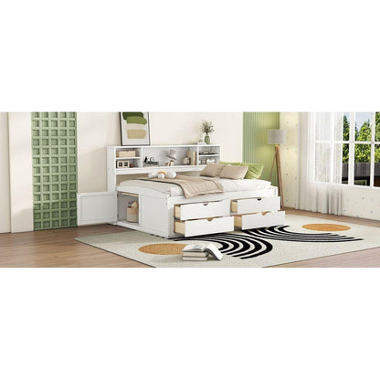 Full Size Wood Daybed with 2 Bedside Cabinets, Upper Shelves and 4 Drawers, White