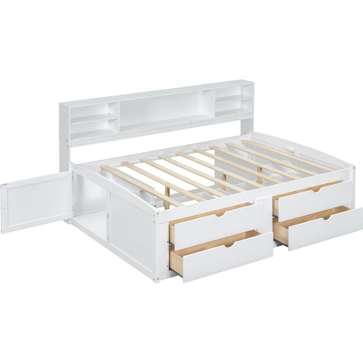 Full Size Wood Daybed with 2 Bedside Cabinets, Upper Shelves and 4 Drawers, White