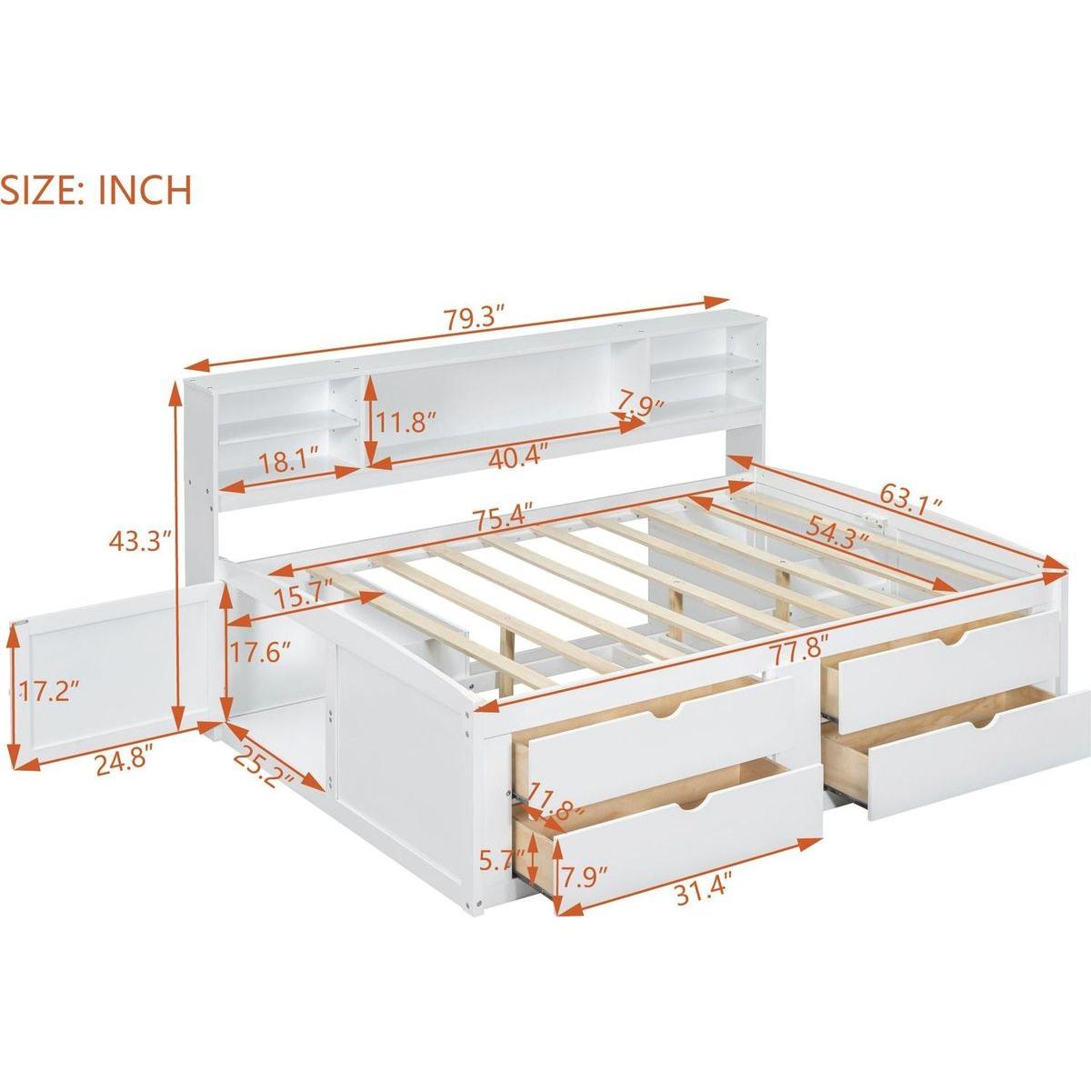 Full Size Wood Daybed with 2 Bedside Cabinets, Upper Shelves and 4 Drawers, White