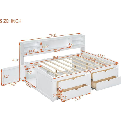 Full Size Wood Daybed with 2 Bedside Cabinets, Upper Shelves and 4 Drawers, White